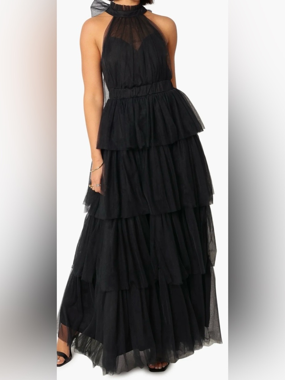 Petal & Pup Frances Black Tiered Halter Tulle Maxi gown